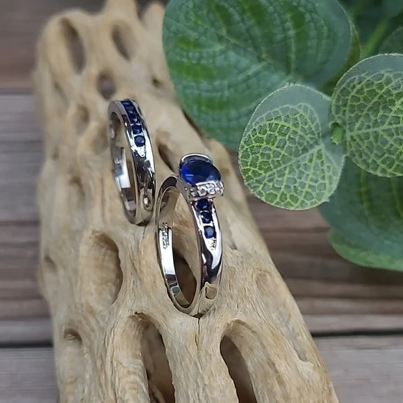BLUE SAPPHIRE AND SILVER TWO PIECE RING SET - Picture 2 of 8
